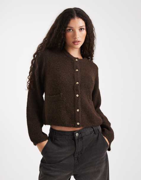 Object slouchy cardigan with gold buttons in chocolate brown - view 1