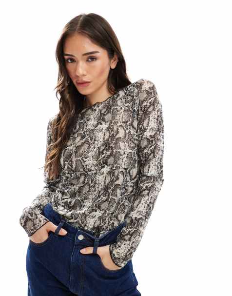 Object snake print long sleeve mesh top in neutral