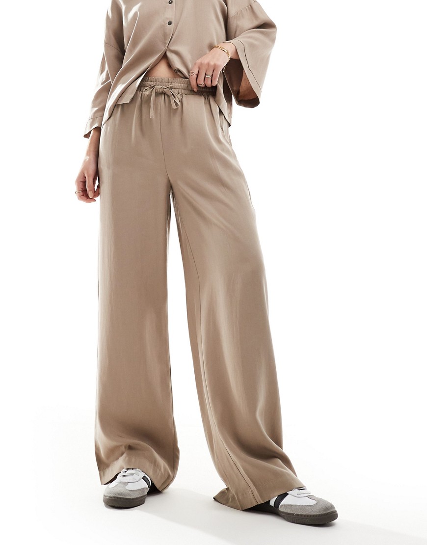 Object Soft Draw String Waist Wide Leg Pants In Stone - Part Of A Set-neutral