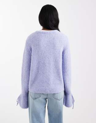 Object Soft Rib Knit Cardigan With Tie Cuff Detailing In Purple