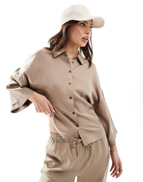 Object soft wide sleeve shirt co-ord in stone - view 1