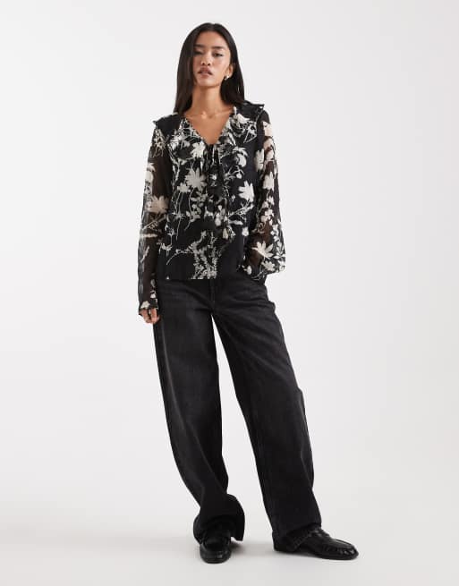 Object - Sort gennemsigtig boho-bluse med flæser og blomstermønster, 2 af 4