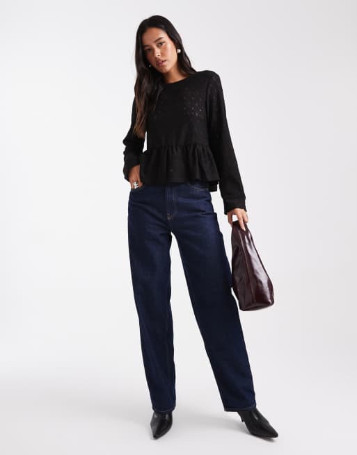Object - Sort top med peplum-kant og bindebånd med sløjfedetaljer på ryggen i jersey og blondestof, 2 af 4