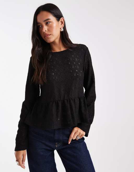 Object - Sort top med peplum-kant og bindebånd med sløjfedetaljer på ryggen i jersey og blondestof, 4 af 4