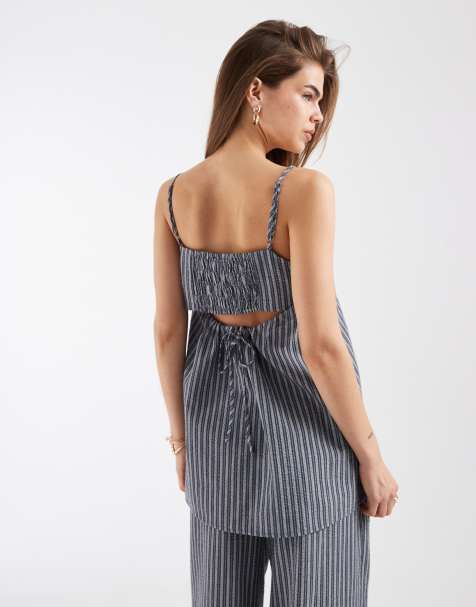 Object square neck sleeveless top with tie back in blue stripe (part of a set) - view 1