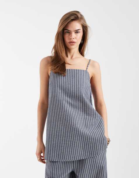 Object square neck sleeveless top with tie back in blue stripes - part of a set - view 1
