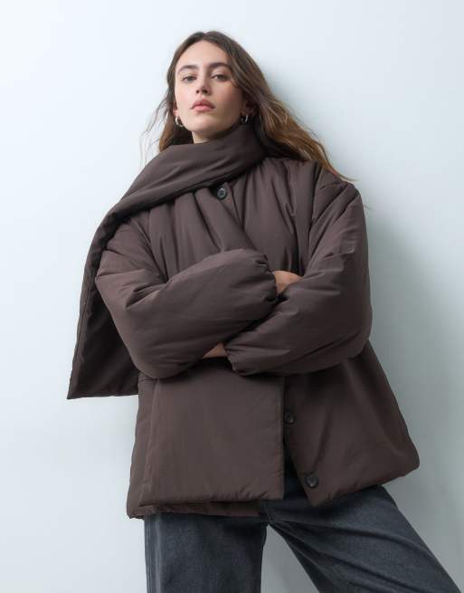 Object Steppjacke mit Knopfleiste und Schal-Detail in Braun, 2 von 4