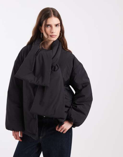 Object Steppjacke mit Knopfleiste und Schal-Detail in Schwarz, 2 von 4