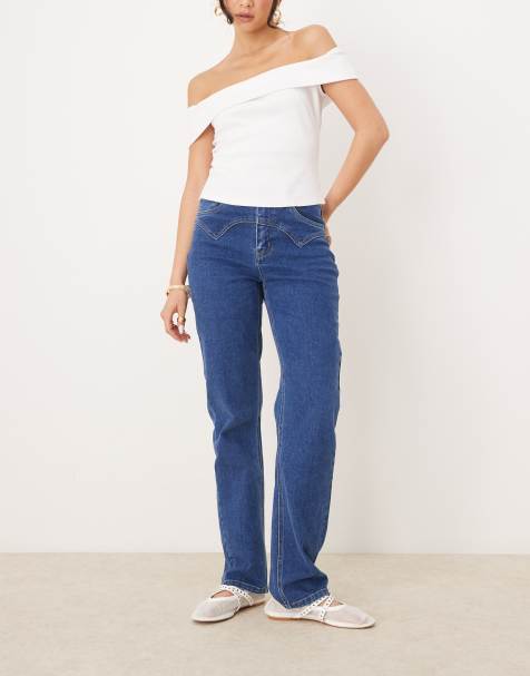 Object straight leg jeans with western stitching in medium blue - view 1