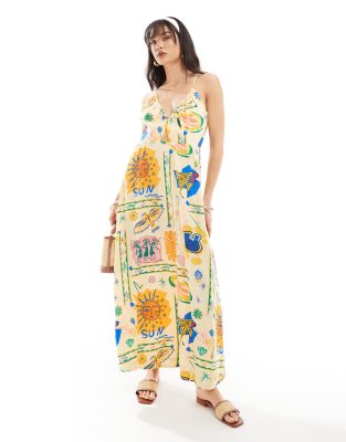 strappy maxi dress in painted print-White