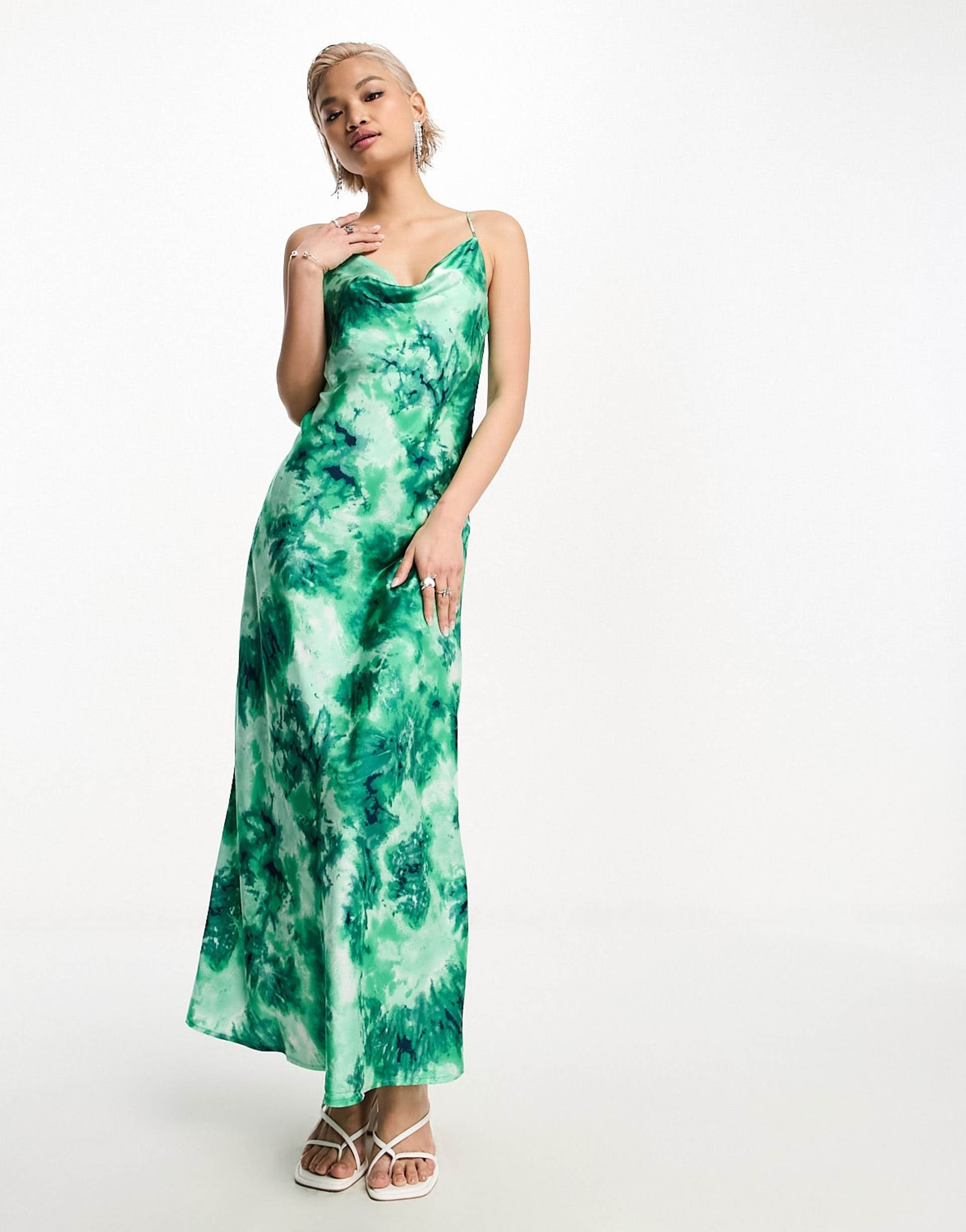 object strappy midi dress in green abstract print