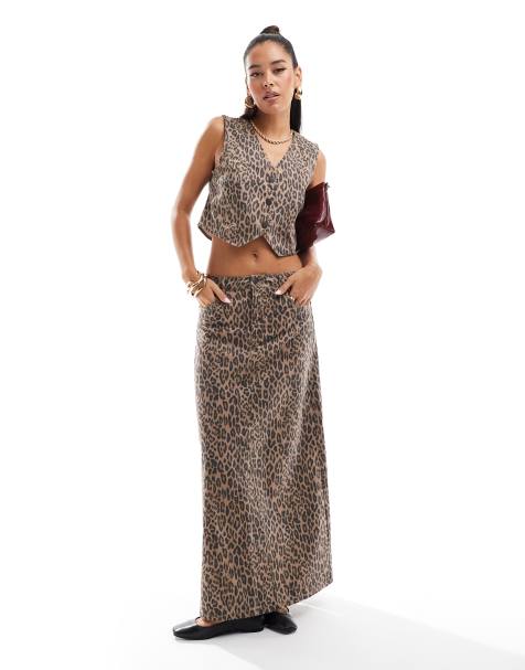Object stretch denim maxi skirt co-ord in leopard print - view 1