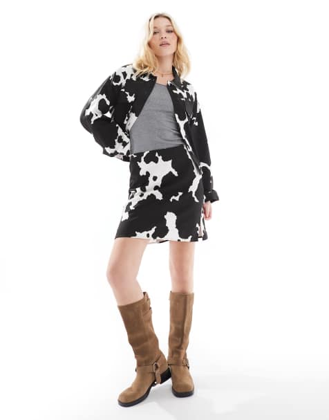 Object stretch denim mini skirt in chocolate cow print (part of a set) - view 1