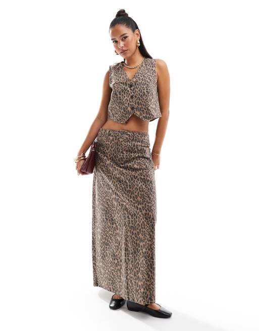 Object stretch denim waistcoat and maxi skirt set in leopard print