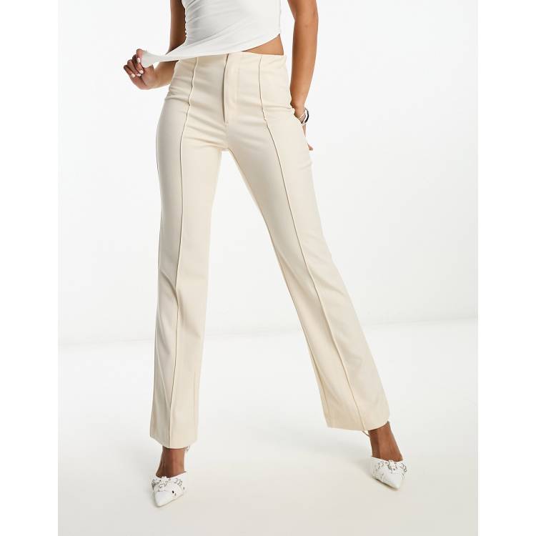 Cream high waisted flat-front stretch Trousers