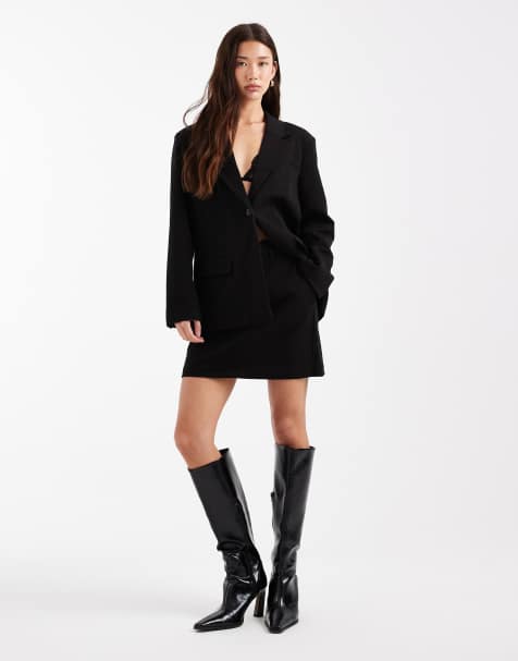 Object stretch tailored boyfriend blazer and mini skirt set in black - view 1