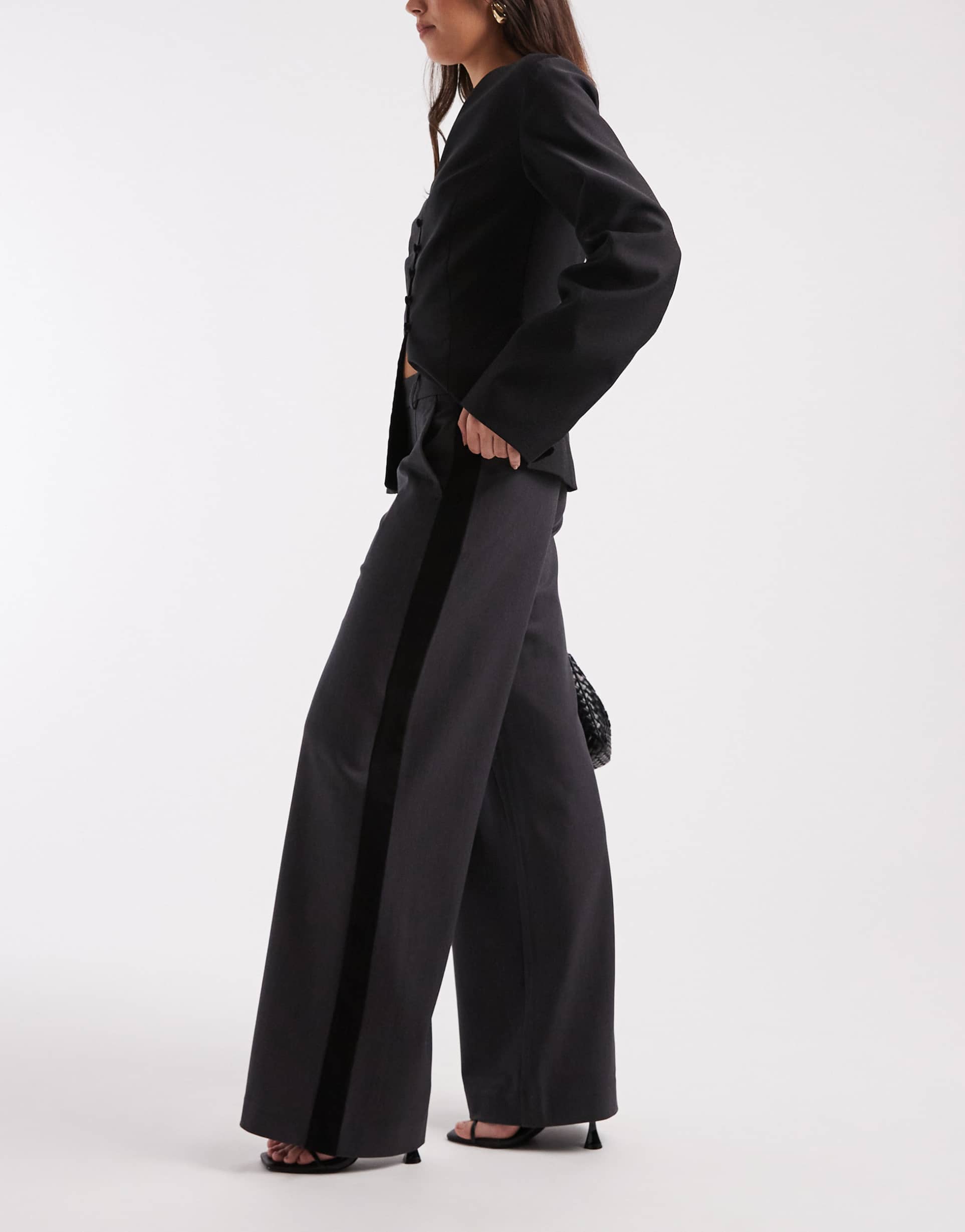 object stretch tailored wide leg pants with side stripe detail in gray melange