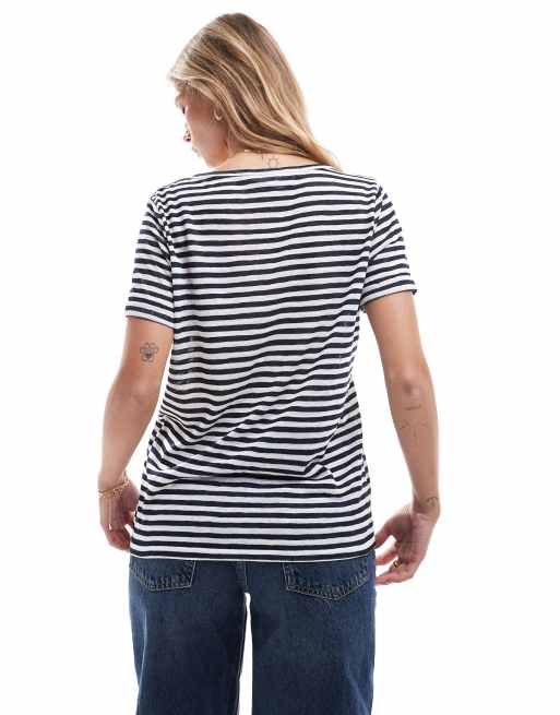 Object - Stribet t-shirt med V-hals i marineblå og hvid , 3 af 4