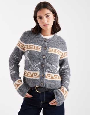 Object - Strickjacke in meliertem Mittelgrau mit Jacquard-Muster