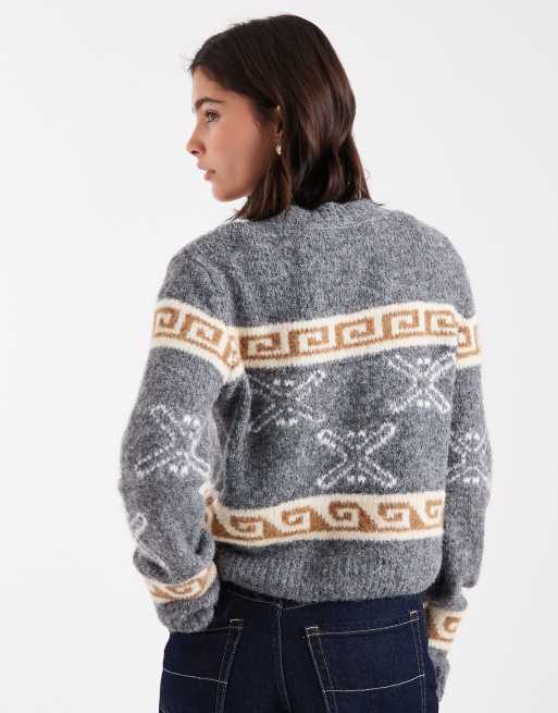 Object – Strickjacke in meliertem Mittelgrau mit Jacquard-Muster, 4 von 4
