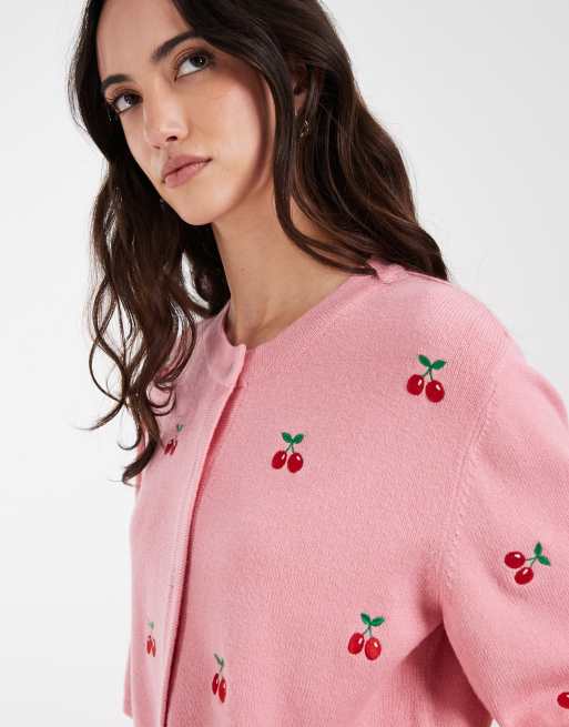 Object – Strickjacke in Rosa mit Kirschmuster, 3 von 4