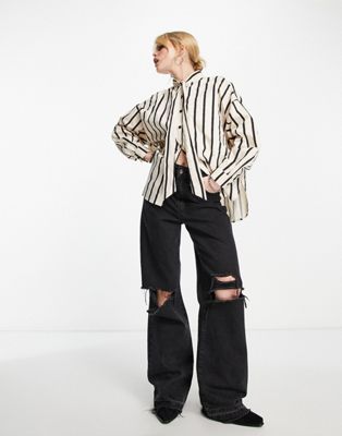 Object stripe shirt with tie detail in mono  - ASOS Price Checker