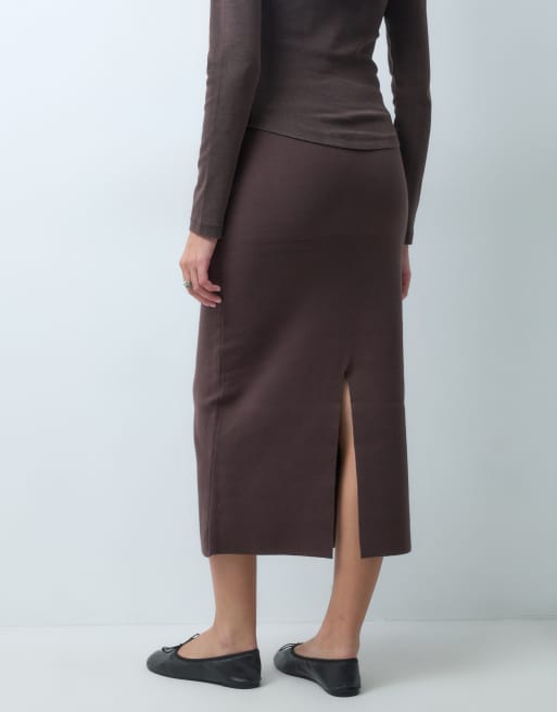 Object structured knit midi skirt co-ord in brown, 4 of 5