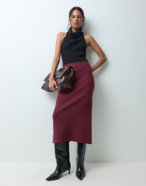 Object structured knit midi skirt co-ord in burgundy - view 1