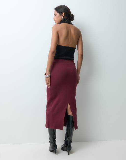 Object structured knit midi skirt set in burgundy, 3 of 5