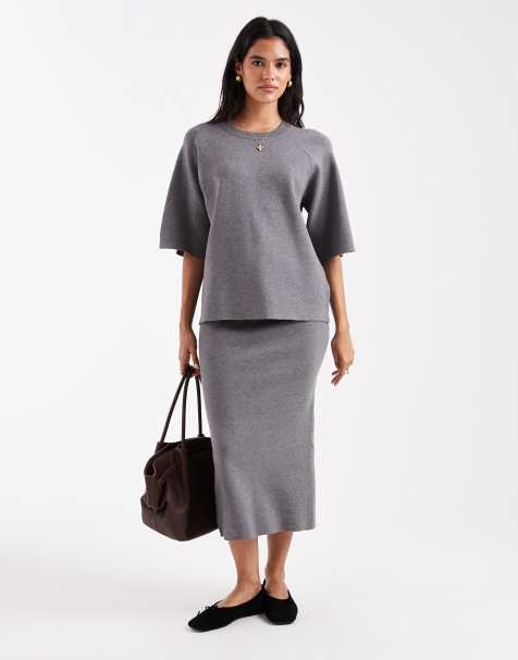 Object structured short sleeve knitted jumper and midi skirt set in grey - view 1