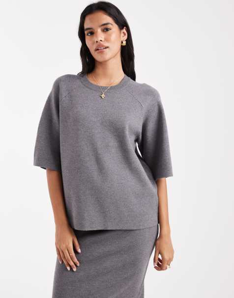Object structured short sleeve knitted jumper co-ord in grey - view 1