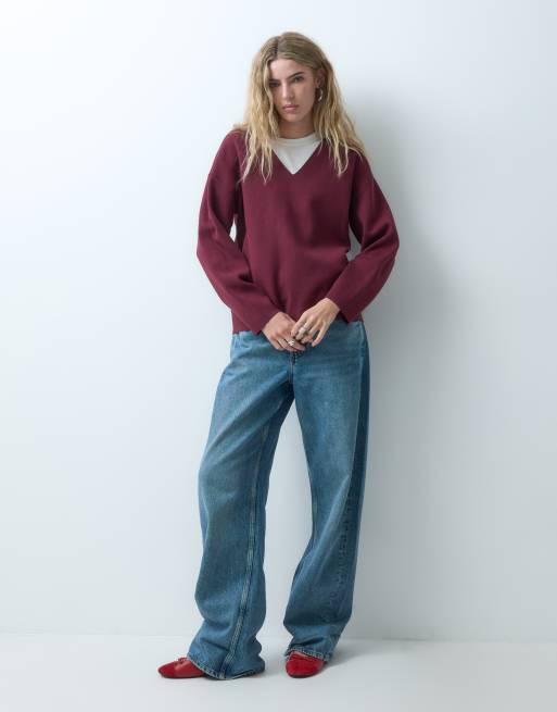Object structured v neck jumper co-ord in burgundy, 4 of 4