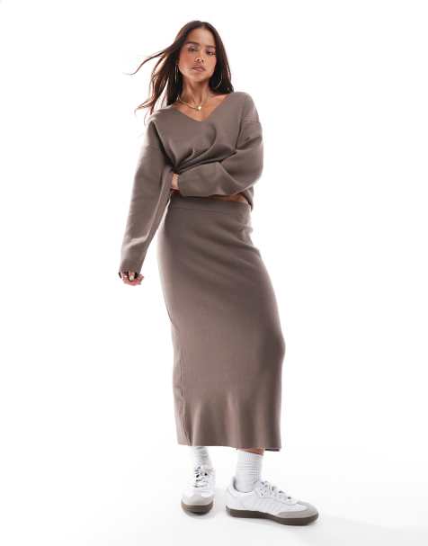 Object structured V-neck sweater and midi skirt set in taupe - view 1