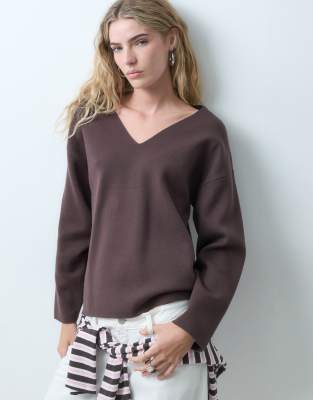 Object Structured V-neck Sweater In Brown