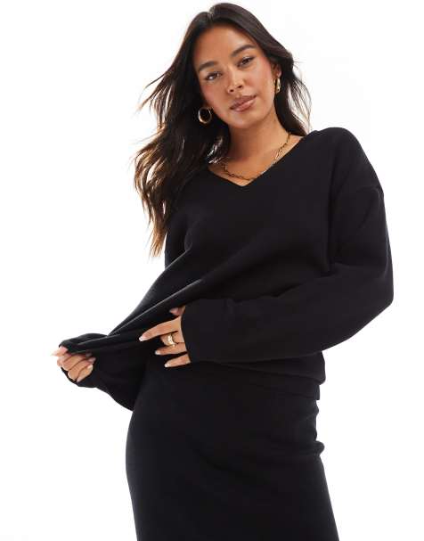 Object – Strukturierter Pullover in Schwarz mit V-Ausschnitt, Kombiteil - view 1