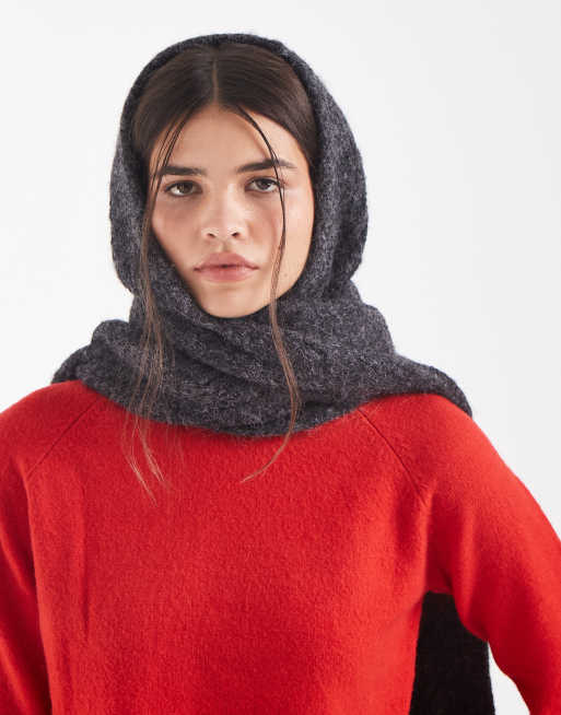 Object super soft knitted hooded scarf in dark grey melange	, 2 of 3