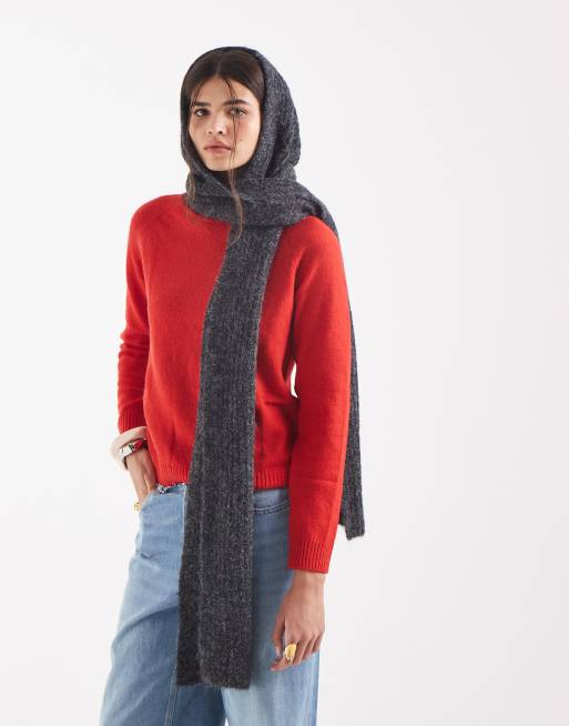 Object super soft knitted hooded scarf in dark grey melange	, 3 of 3