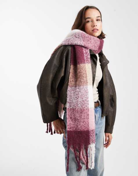 Object super soft large chunky tassel scarf in burgundy and pink plaid - view 1