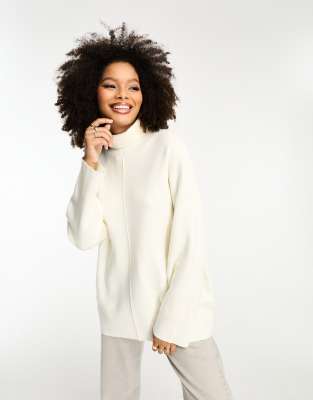 Object super soft longline high neck jumper with seam detail in cream-White