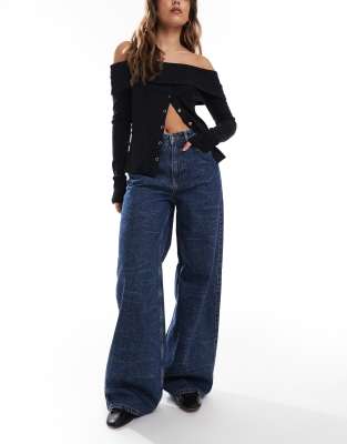 Object Object super wide leg jean in dark denim marble wash-Blue