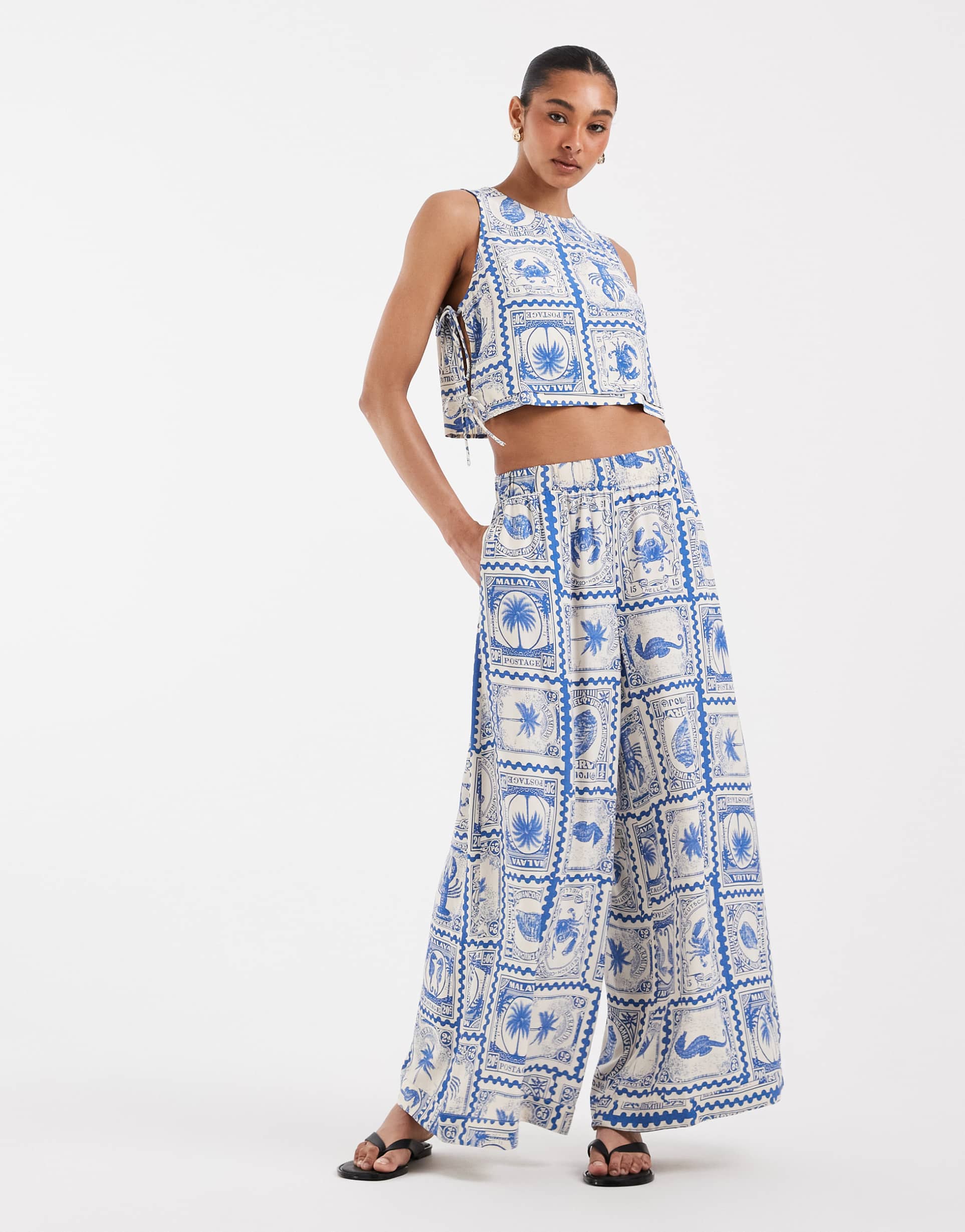 object super wide leg palazzo pants in blue and white seaside postcard print - part of a set