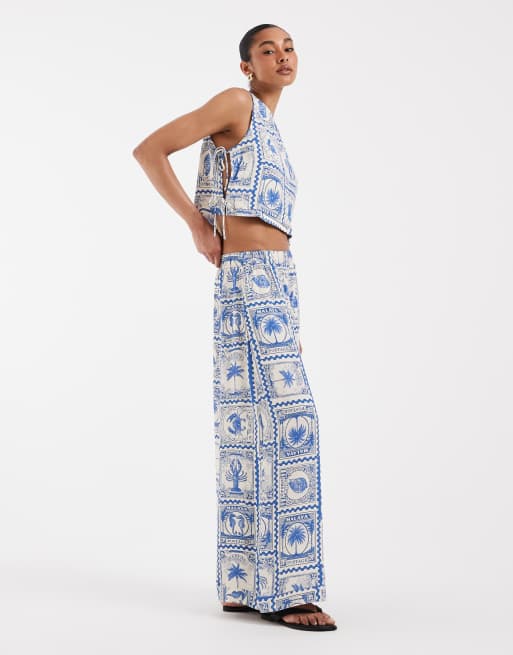 Object super wide palazzo trouser co-ord in blue and white seaside postcard print, 3 of 5