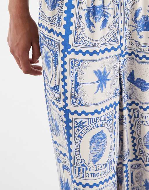 Object super wide palazzo trouser co-ord in blue and white seaside postcard print, 4 of 5