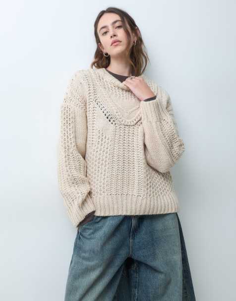 Object sweter dzianinowy o teksturowanym splocie z okrągłym dekoltem w kolorze kremowy melanż - view 1