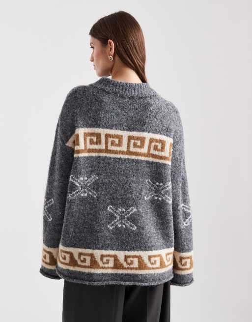 Object – Szara melanżowa dzianinowa koszulka polo oversize z żakardowym wzorem, 4 z 4