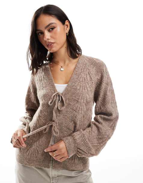 Object knitted tie front cardigan in desert taupe