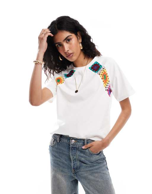 Object - T-shirt à empiècements en crochet multicolore - Blanc