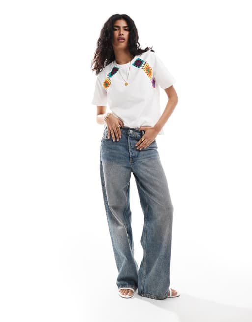 Object - T-shirt à empiècements en crochet multicolore - Blanc, 3 de 4
