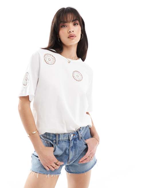 Object - T-shirt bianca in jersey con dettagli in pizzo sangallo
