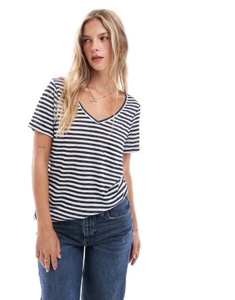 Object - T-shirt con scollo a V blu navy e bianca a righe - view 1
